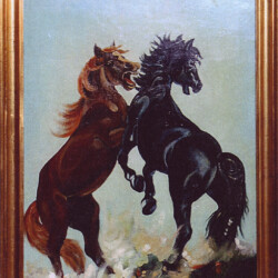 Lotta per il Potere - 1997 - Olio su paniforte - cm 58x81. Il Morello Berlusconi il Baio Fassino (produzione propria)