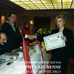Premiazione Trophee Azurenna Montecarlo 16 febbraio 2002. Prof. Francesco Chetta, Maria Rosaria Belgiovine Scrittrice Critico d'Arte, Sindaco di Ancona Bruno Capalbi. Entrata in Campo Internazionale