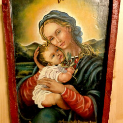 Dipinto ad olio su Tegola Romana la Madonna della Pace. In memoria delle Torri Gemelle di New York. 11 settembre 2001 (riproduzione)