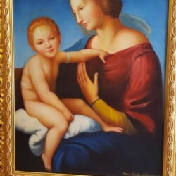 OPERA PITTORICA AD OLIO SU TELA DELL'ARTISTA N.D.:"MARIA ASSUNTA dé FRASSINE" TITOLO:" MADONNA CON BAMBINO"
(cm52x73)