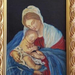 OPERA PITTORICA AD OLIO SU PANIFORTE DELL'ARTISTA N.D.:"MARIA ASSUNTA dé FRASSINE" TITOLO:"MADONNA CON BAMBINO"
(cm21x30)