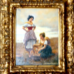 Sulla Spiaggia. Pittura ad olio su paniforte. (riproduzione)