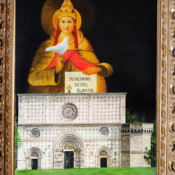 Nel nome del Giglio e della Rosa - 2007 - Olio su tela. Mostra personale di pittura di L'Aquila 25-31/08/2007 con il titolo "IN NOMINE PATRIS DOMINE!!". Sul Santo Papa San Pietro Celestino V (il Papa del gran rifiuto presso il chiostro della Basilica di SS Maria Assunta di Collemaggio città di L'Aquila inserita nel 713 Anniversario del programma della Perdonanza Celestiniana. Quotidiani: il Centro, Il Tempo, Il Messaggero, presenti autorità locali e religiose del Capoluogo Aquilano: il Sindaco Massimo Cialente, il Vicesindaco, L'assessore alla cultura Stefania Pezzopane, il Presidente della Regione Abruzzo, Il Presidente della Provincia di L'Aquila, il Presidente del Rotary Club, Il Presidente dei Lions, Congratulazioni del Governatore Luigi Lombardi, l'Arcivescovo di l'Aquila Monsignor Giuseppe Molinari che ha chiuso il registro della raccolta delle firme con oltre bel 1260 visitatori sia locali che di tutte le Nazionalità Italiane ed Estere. La mostra di pittura oltre a voler ricordare in maniera incisiva la vita di San Papa Pietro Celestino V vuole soprattutto essere una riconciliazione storica tra la città di L'Aquila e la città di Viterbo segnate storicamente dall'Imperatore Federico II di Svevia grande Architetto che fondò la Città di L'Aquila. (produzione propria)