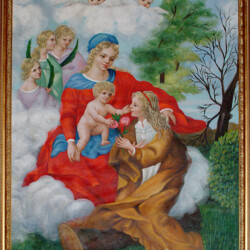 Il Miracolo della Gallina Rubata - 2007 - Olio su tela. Mostra Personale di Pittura Palazzo Santoro (Biblioteca degli Ardenti) VT. "Rose per Rosa". Conferito "lingotto d'Argento" che rappresenta "Fontana Grande" di Viterbo realizzata nel XV secolo. Rappresentanze d'onore Dottor Romualdo Luzzi, Dott. Giovanni Battista Sguario e il giornalista Mauro Galeotti