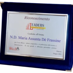 Premio Internazionale "DELLA PACE" nel Mondo 2013 Città di Monreale 29/06/2013
Motivazione: per l'importante testimonianza artistica manifestata in occasione dell'evento.
Opera Pittorica premiata su paniforte "Ave Maria" 2011 per il 150° anniversario dell'Unità d'Italia. Evento accreditato presso le Nazioni Unite G.O.M.P.A.
Sponsorizzato dalla città di Monreale, Regione Sicilia, Assessorato Regonale del Turismo, dello Sport, dello Spettacolo. Autorità presenti: Avv. Filippo di Matteo, Sindaco di Monreale, Dott.ssa Lia Giangreco Assessore alla Cultura, Professore Salvatore Autovino direttore della Galleria Civica, Sandro Pulin S.A. Sacro Principe (Ambasciatore della Pace nel Mondo), Sandro Serradifalco responsabile "EA" Editore Palermo