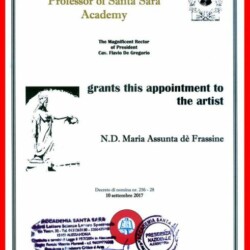 LONDRA 25 LUGLIO 2017 - ACCADEMIA INTERNAZIONALE "S. SARA" D' ALESSANDRIA PREMIO INTERNAZIONALE DI ARTI VISIVE "DIANAS' WALK" (SPENCER) CONCORSO DELL'ARTE "NATIONAL GALLERY 2017" IDEATO A LONDRA IN VISITA AL "REGNO UNITO" CRITICO D'ARTE CAV. "FLAVIO DE GREGORIO" CONSEGUITO IL TITOLO ONORIFICO ALL'ARTISTA N.D. "MARIA ASSUNTA dé FRASSINE" DI: " PROFESSORE DELL'ACCADEMIA "S.SARA" D'ALESSANDRIA