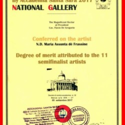 LONDRA 25 LUGLIO 2017 - ACCADEMIA "S.SARA" D'ALESSANDRIA PREMIO INTERNAZIONALE DI ARTI VISIVE "DIANAS' WALK" (SPENCER) CONCORSO DELL'ARTE "NATIONAL GALLERY 2017) IDEATO A LONDRA IN VISITA AL (REGNO UNITO) CRITICO D'ARTE CAV. "FLAVIO DE GREGORIO" CONSEGUITO ALL'ARTISTA N.D. "MARIA ASSUNTA dé FRASSINE" IL DIPLOMA DI MERITO ARTISTICO CON CLASSIFICA SEMIFINALISTA ALL'11 POSTO